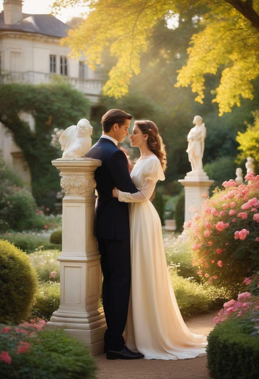 A romantic and nostalgic scene depicting a couple from the past, dressed in elegant vintage attire, sharing a secret moment in a lush, historical garden filled with blooming flowers and classical statues. The background features a grand old mansion, evoking a sense of history and allure. Warm, golden light filters through the trees, creating a dreamy atmosphere. subtle hints of classic adult themes can be suggested through their intimate posture. painting. vibrant colors. soft focus.