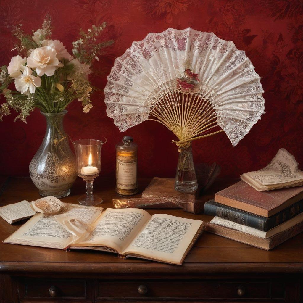 A dreamy and intimate scene showcasing vintage erotica elements, featuring soft, diffused lighting that bathes a collection of antique erotic books and handwritten love letters on a rustic wooden table. Surrounding the books, delicate lace, a vintage lace fan, and a glass of red wine create an aura of sensuality. The background hints at retro wallpaper with floral patterns, adding to the nostalgia. The overall color palette is warm and inviting, with a touch of gold for elegance. super-realistic. vintage style. warm colors.